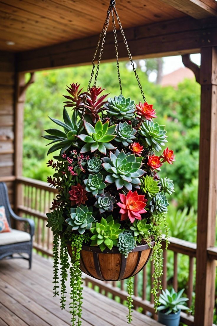 A hanging garden with lots of colorful succulents.