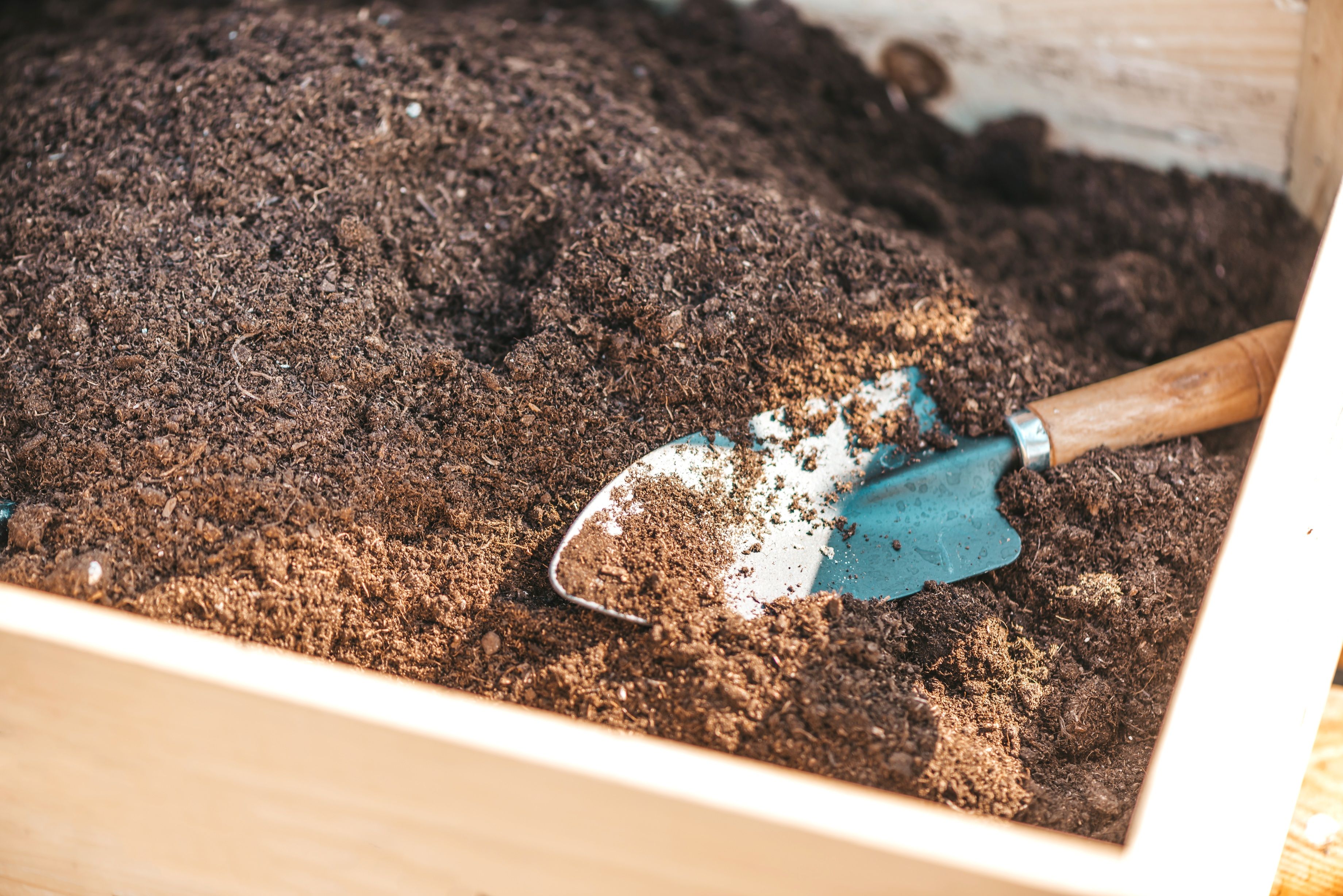 Close up of wooden raised bed with soil and garden spade.