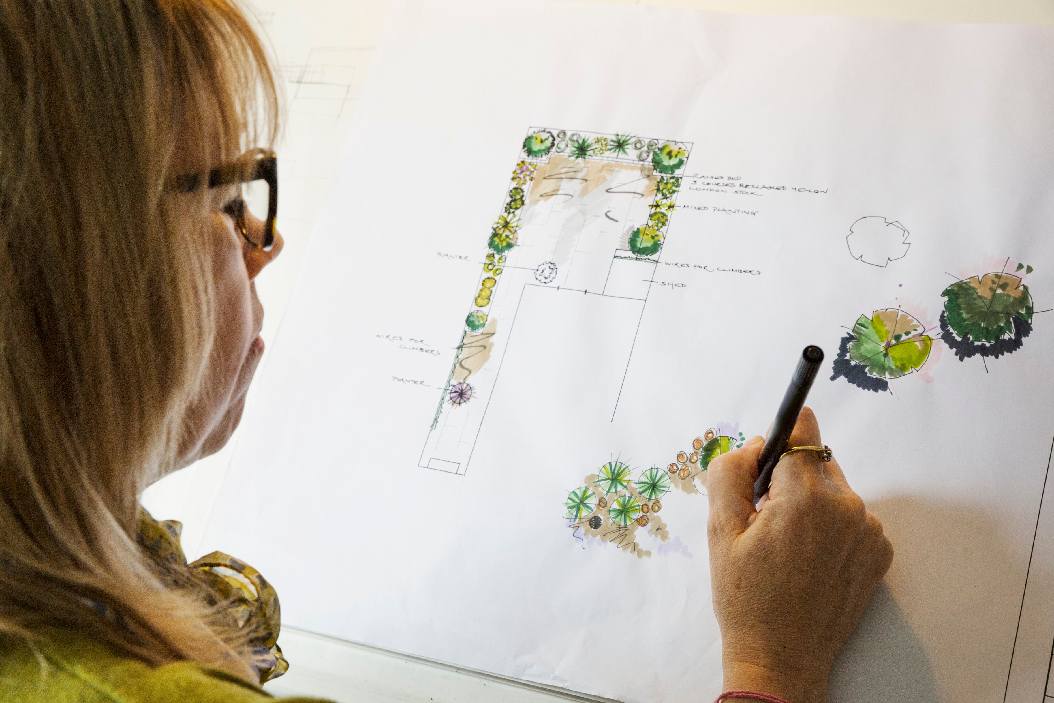 Woman making a garden design with a fine pen