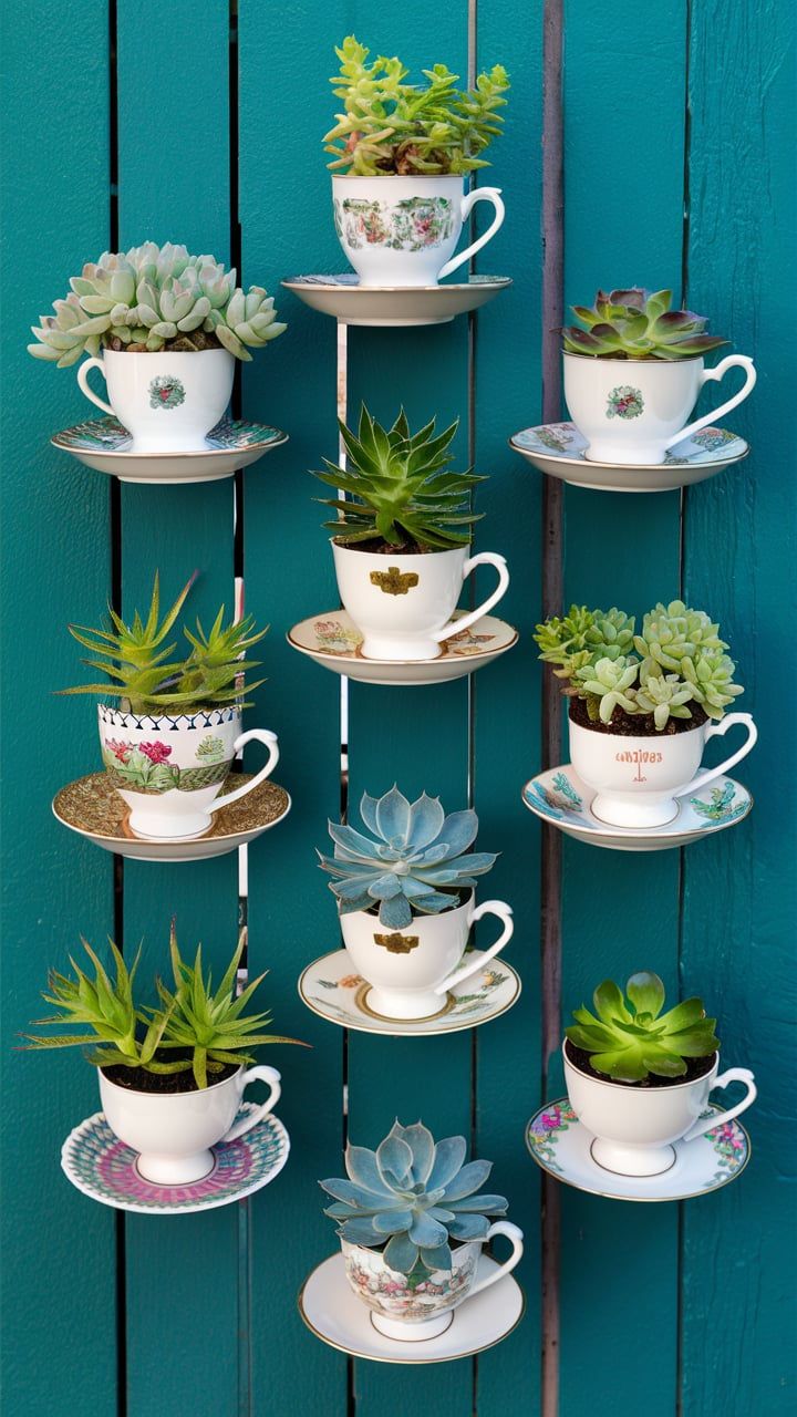 A teacup mini garden with succulents planted in tea cups on a wall.