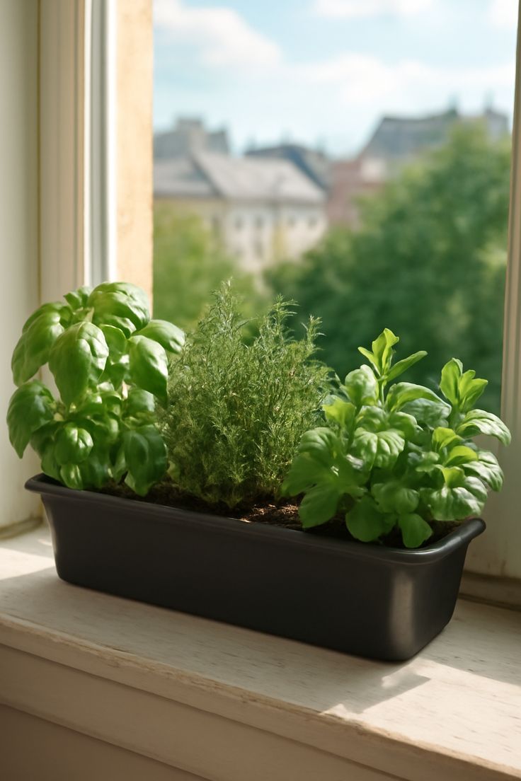 Some herbs have been planted in a black container and placed on the windowsill.