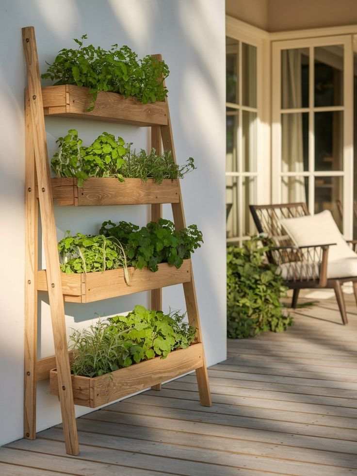 Various herbs are planted on a wooden ladder planter and placed on the patio.